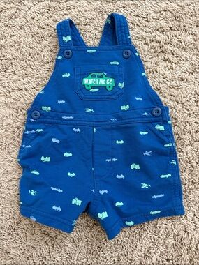 Kidgets Blue Short Overalls with Green Vehicle Patch